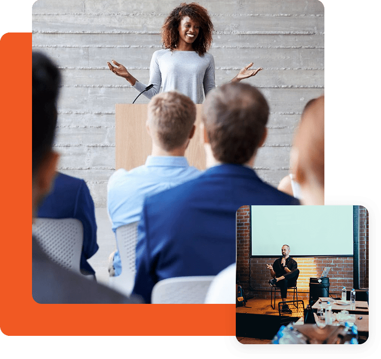 A group of people in front of a woman giving presentation.